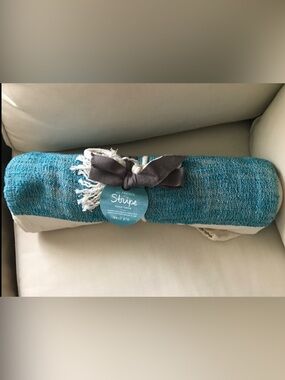 NWT West Elm Al Fresco Teal and White Striped Picnic Throw 100 % cotton